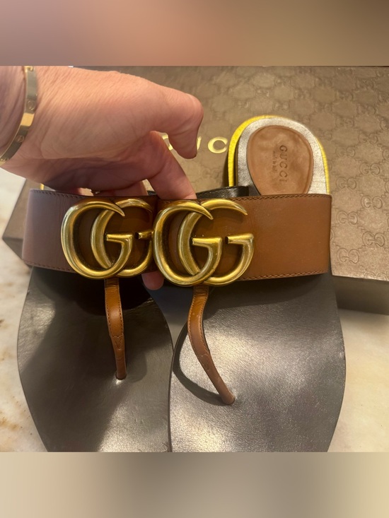 Gucci Shoes - Gucci Brown Leather Thong Sandals with Gold Double-G